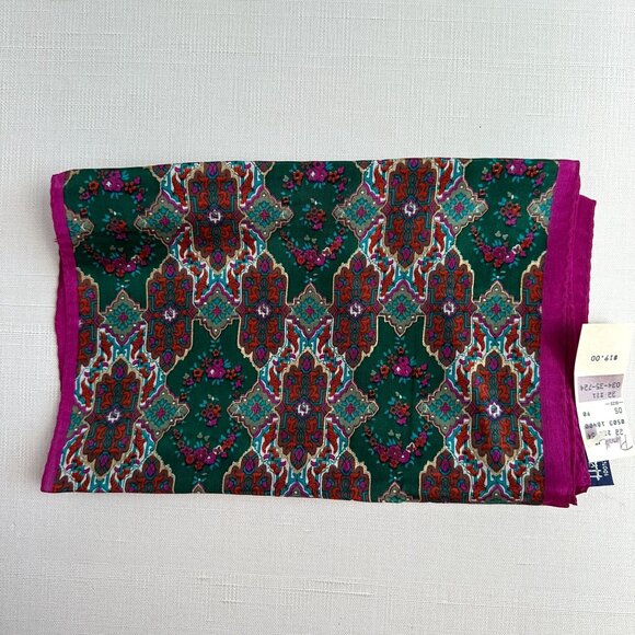 Vintage Silk Scarf Honey NWT 10x50, Geometric Floral Print, Fuchsia Green Red - Picture 2 of 10